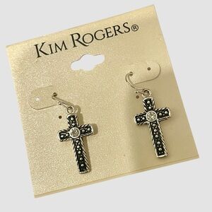 Kim Rogers Cross Silvertone Rhinestone Hook Earrings New
